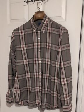 Gant Men's Gray Plaid Button-Down Shirt with Pink Stripes